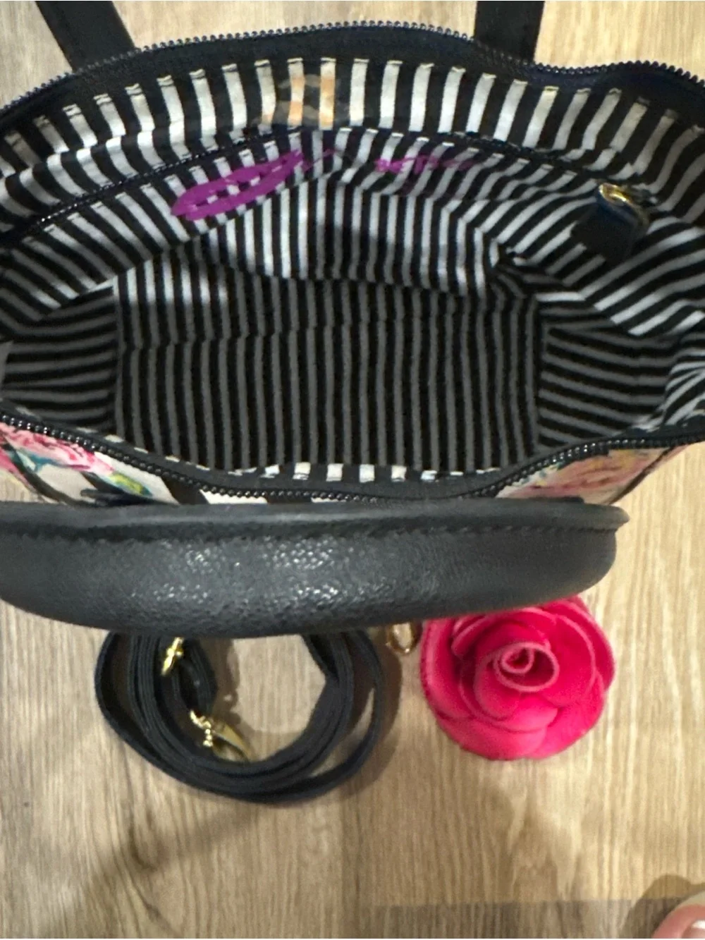 Luv Betsey by Betsey Johnson Mini Satchel Black White Striped Floral Purse Rose